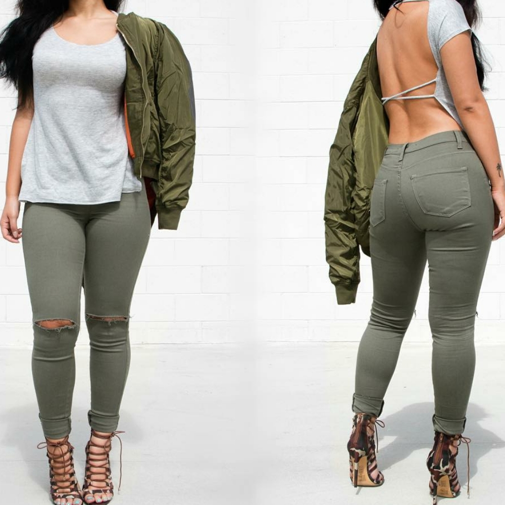 Olive Green Slit Knee High Waisted Jeans